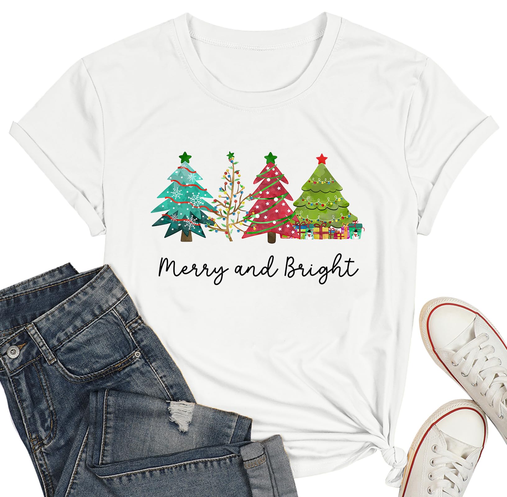 Believe Christmas Shirt for Women Christmas Tree Graphic T-Shirts Believe Letter Print Tees Holiday Tops